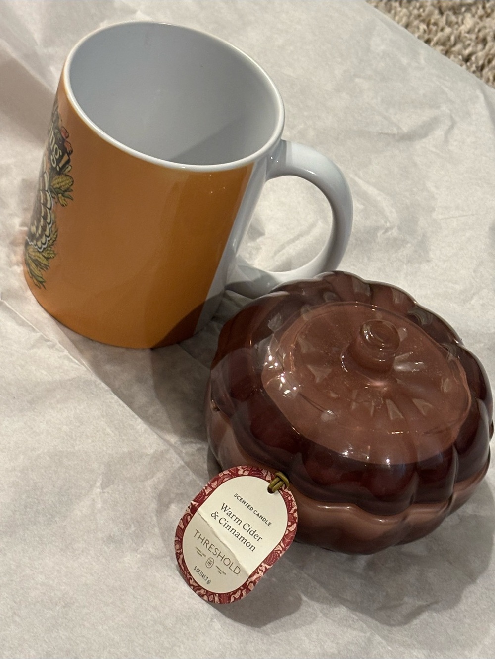 Set of “Happy Thanksgiving” mug with a pumpkin candle in a glass jar